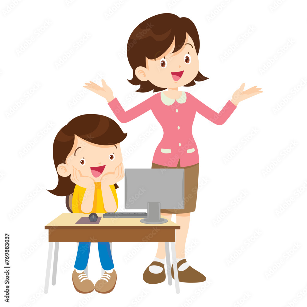 happy teacher and student learning computer happy teacher and student learning computer