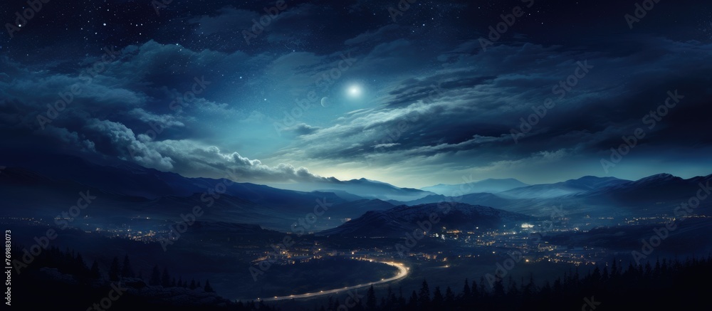 The moon is illuminating the mountains on a clear night sky, with a few cumulus clouds floating in the atmosphere and a gentle wind blowing across the natural landscape