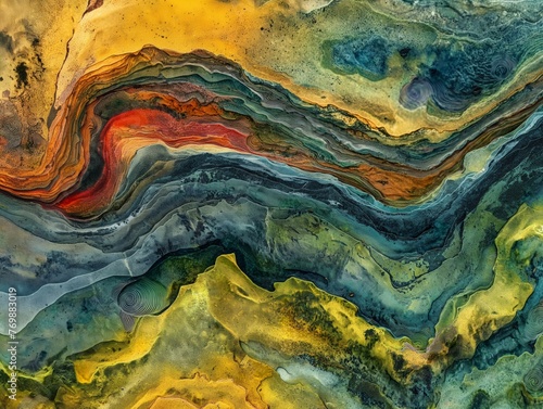Fluid art with a rich spectrum of earthy colors creating a dynamic abstract landscape.
