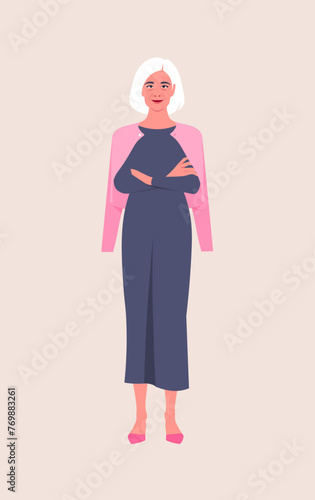 Portrait of an elderly woman stands full-length with arms crossed. Grandmother. Vector flat illustration