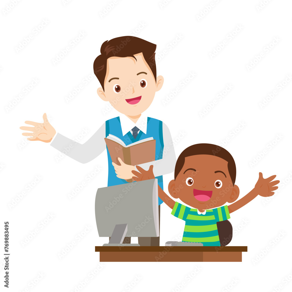 happy teacher and student learning computer happy teacher and student learning computer