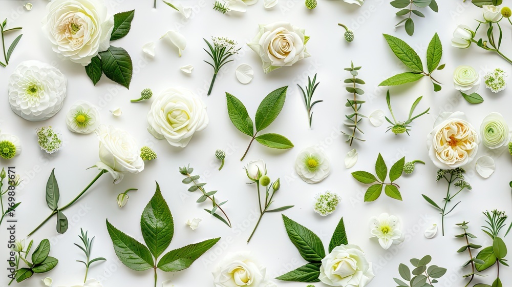 Fototapeta premium white roses, lush green leaves, and delicate small flowers arranged on a white background, capturing the essence of elegance and beauty in a flat lay top view pattern.