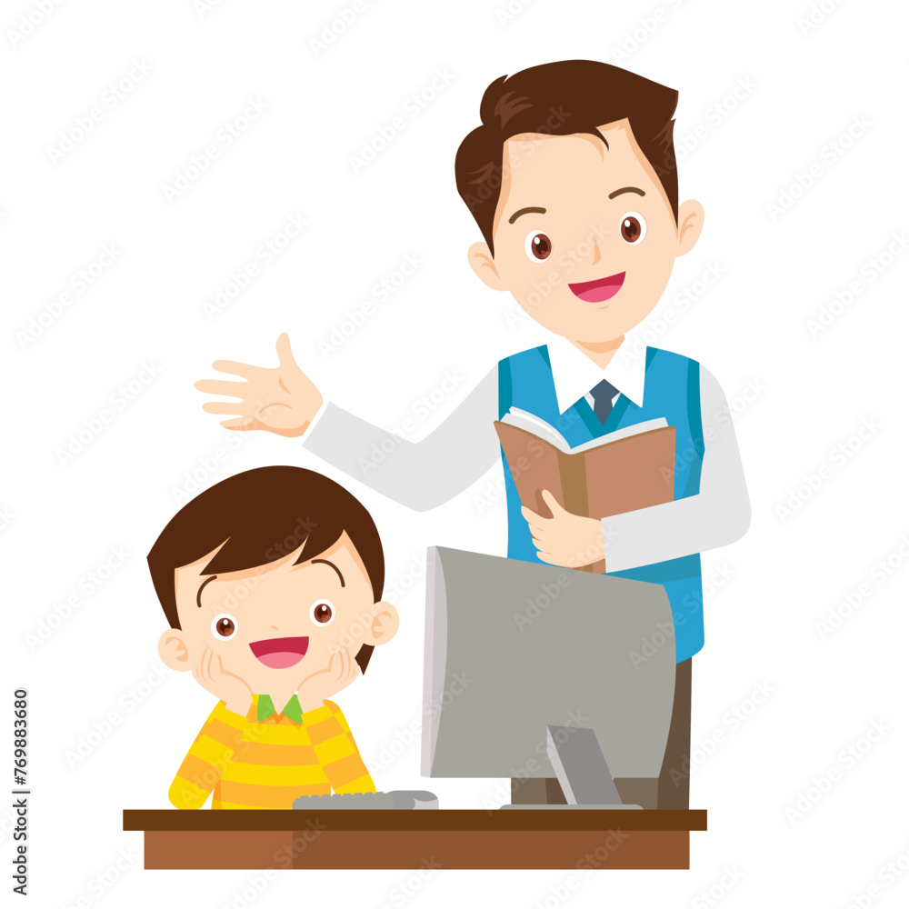 happy teacher and student learning computer happy teacher and student learning computer
