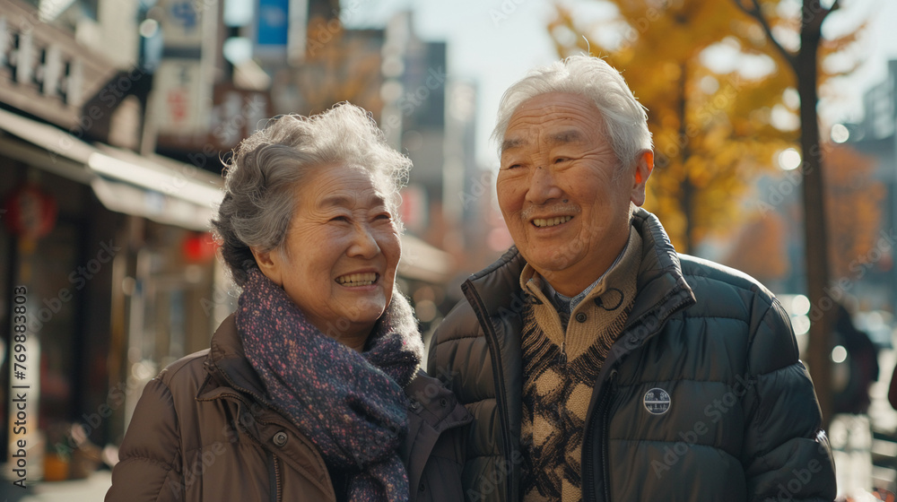 A candid full-body image of a happy Korean senior couple enjoying a walk in the city dressed in harmonious shades of soft purple and blue A candid full-body image of a happy Korean senior couple enjoying a walk in the city dressed in harmonious shades of soft purple and blue