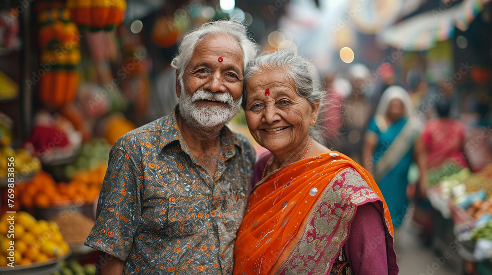 A candid full-body portrait of a happy senior couple from India walking in a bustling market A candid full-body portrait of a happy senior couple from India walking in a bustling market