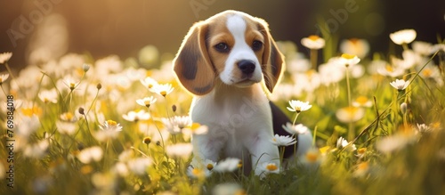 A beagle puppy, a carnivorous dog breed, sits amongst daisies in a grassy field. Known for their fawncolored coats and friendly nature, beagles make great companion dogs photo