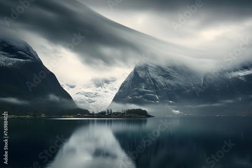 Dramatic Fjord Landscape Under a Dynamic Cloud Formation: A Mesmerizing Interaction of Water and Sky