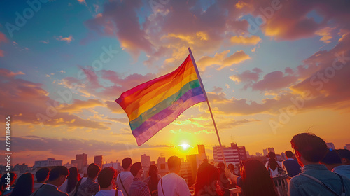 A group celebrating gay pride on a city bridge the rainbow flag contrasting with the urban setting photo