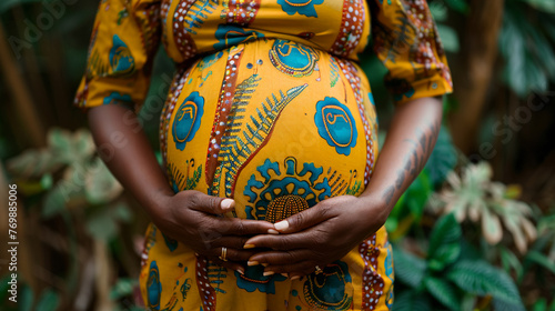 A Kenyan mother-to-be dressed in a traditional yellow Kitenge
