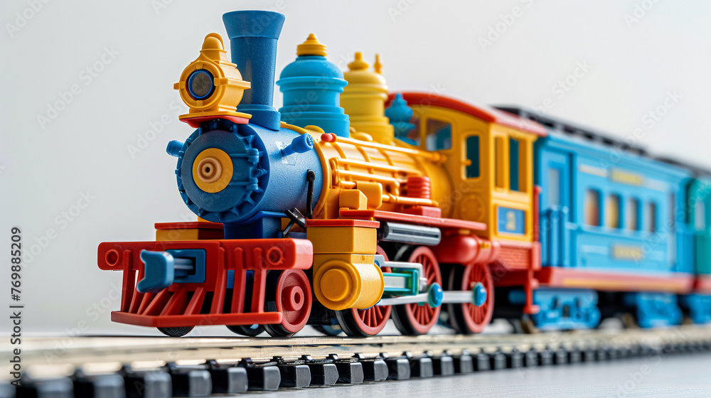 Fototapeta premium A little train engine model painted in vivid primary colors