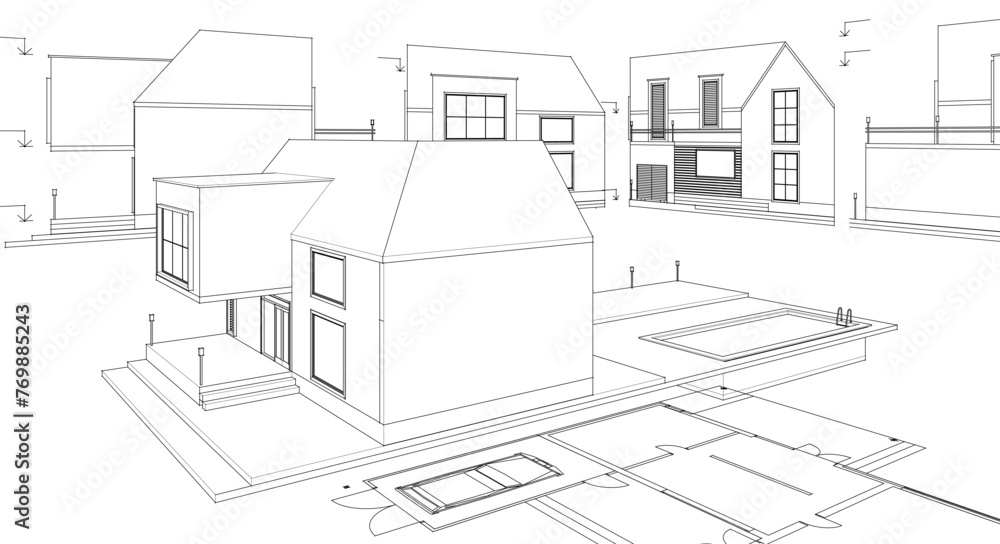 Fototapeta premium house architectural project sketch 3d illustration 
