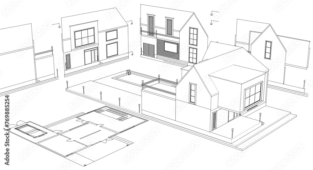 Fototapeta premium house architectural project sketch 3d illustration 