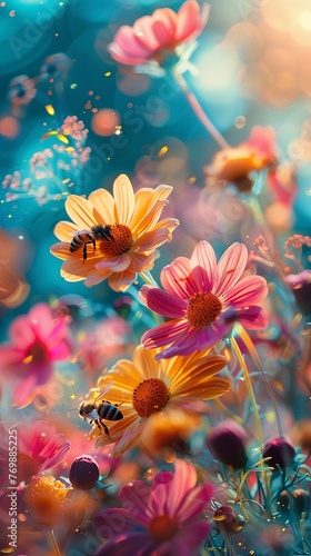 Bees buzzing around vibrant flowers, harvesting nectar for honey