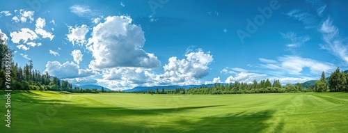 golf course set against a backdrop of blue skies  scattered clouds  lush trees  and rolling hills  with vibrant green fairways and white sand bunkers.
