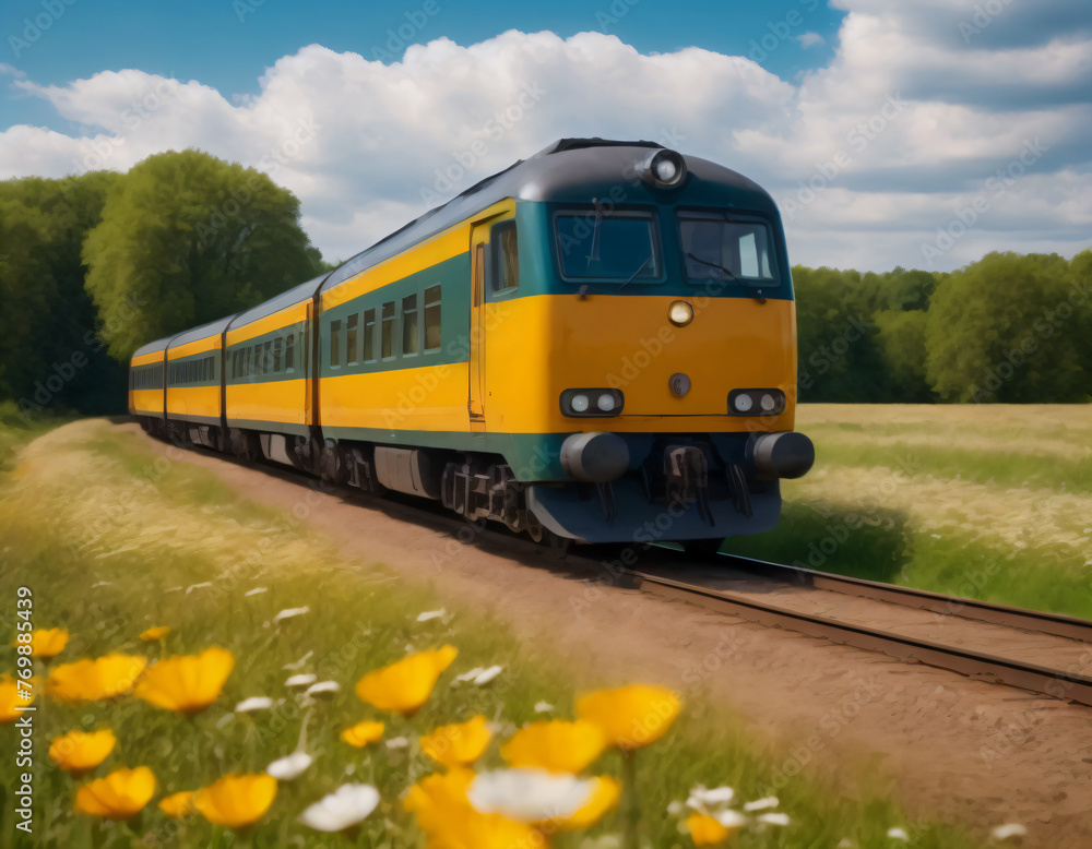 Train moving among flower meadows on a bright sunny day. Train moving among flower meadows on a bright sunny day.