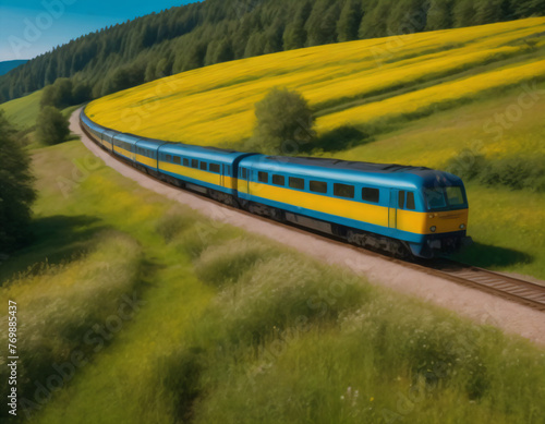 Train moving among flower meadows on a bright sunny day.