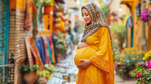 A Moroccan woman in her third trimester adorned in a yellow caftan