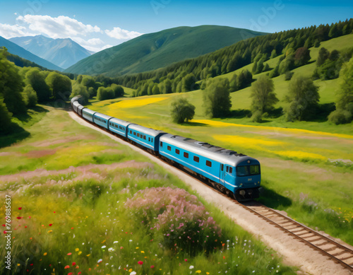 Train moving among flower meadows on a bright sunny day.