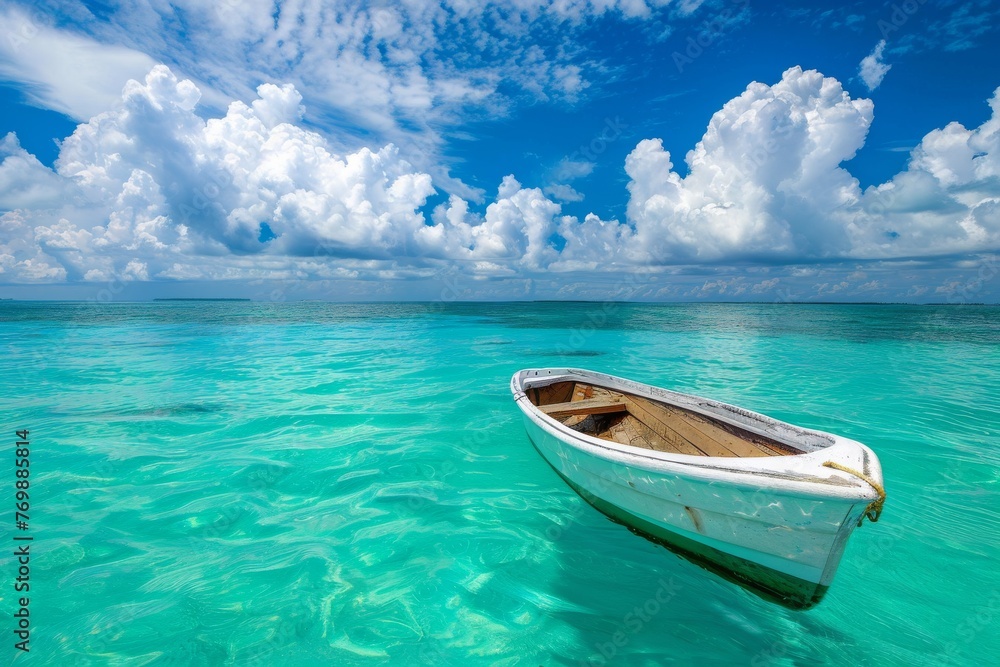 Caribbean beach with turquoise waters with a white boat