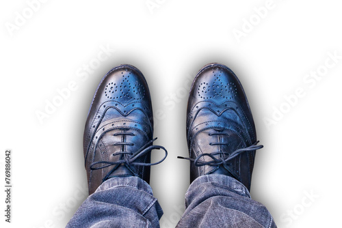Looking down at foot and legs with black leather derby shoes seen from above isolated on transprent background, png file