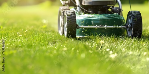 Close-up of a green lawn mower in action on a well-maintained lawn. Concept Gardening, Lawn Care, Greenery, Landscaping, Outdoor Activities