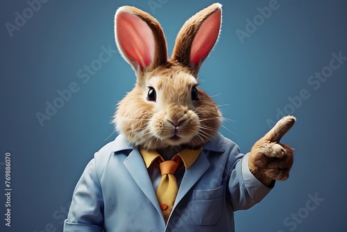 Funny rabbit dressed like a businessman pointing at something on blue background photo