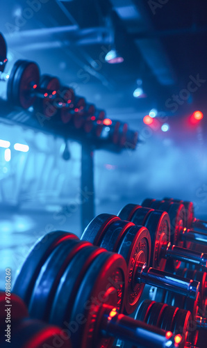 the dumbbells at the gym macro centric banners shine neon offering copy space for messages promoting healthy musclebuilding 