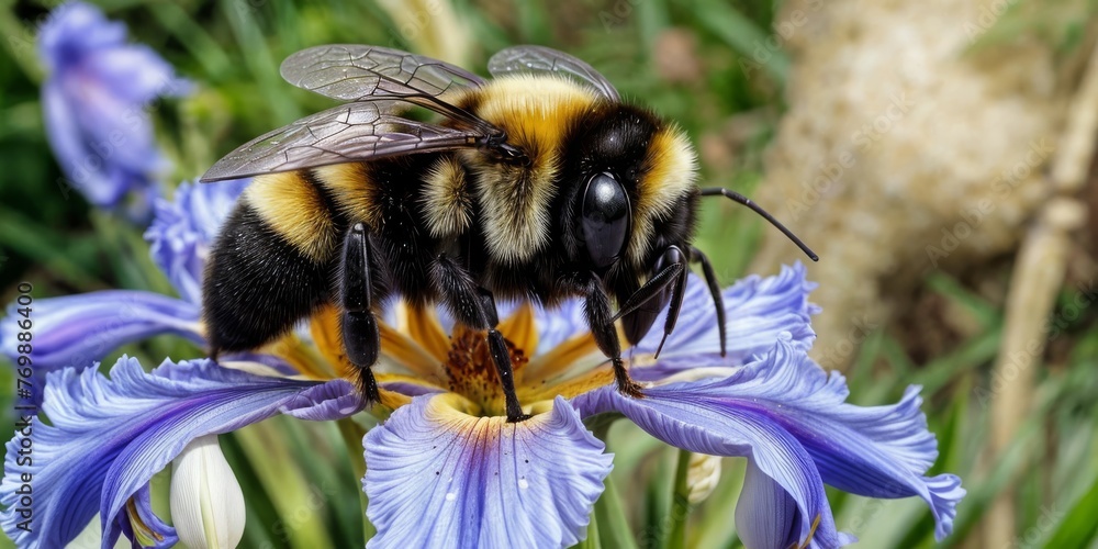 A macro of a honeybee buzzing over a purple blossom, with a bokehic backdrop A macro of a honeybee buzzing over a purple blossom, with a bokehic backdrop