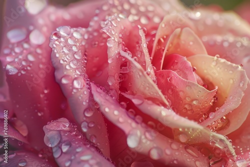 Water droplets glisten on the petals of a freshly watered pink rose, capturing the beauty of nature
