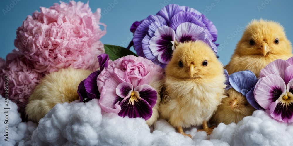   A flock of chickens perched atop a cloud of fluffy white sheets, surrounded by an array of vibrant pink and purple blossoms
