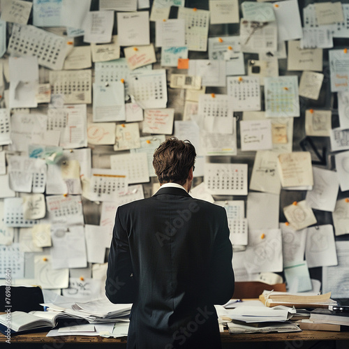An executive contemplates his calendar visible from the back amidst the creative chaos of office brainstorming