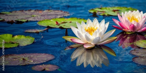  A pair of water lilies gracefully bobbing atop a serene body of water, surrounded by vibrant lily pads lining the shore