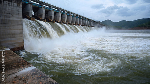 Majestic overflow at a grand dam where torrents of water rush down showcasing the balance of man and nature