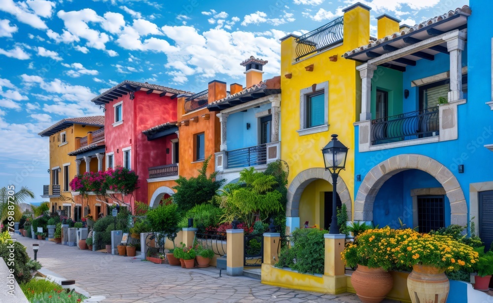 Colorful houses on the coast of Europe, in the style of Italian landscapes
