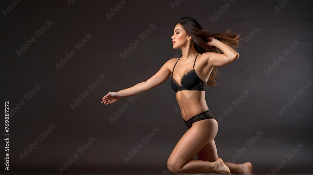 No retouch full body photo of graceful woman wear lingerie look at offer empty space running isolated on dark brown color background