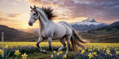 A white horse gallops through a field of daffodils with mountains in the background, under the bright sun filtering through the clouds