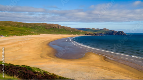 Five Finger Strand, one of the most famous beaches in Inishowen known for its pristine sand and rocky coastline with some of the highest sand dunes in Europe, county Donegal, Ireland. © Hanna Ohnivenko