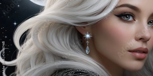   Digital artwork depicting a female with lengthy white tresses beneath a nocturnal sky, featuring a lunar orb and twinkling celestial bodies ador photo