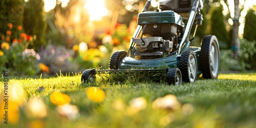 Close-up Shot of a Green Lawn Mower in Action on a Well-Kept Lawn. Concept Gardening Equipment, Landscaping, Lawn Care, Yard Maintenance, Outdoor Activities photo