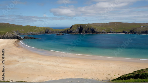 Silver Strand, a sandy beach in a sheltered, horseshoe-shaped bay, situated at Malin Beg, near Glencolmcille, in south-west County Donegal, Ireland photo