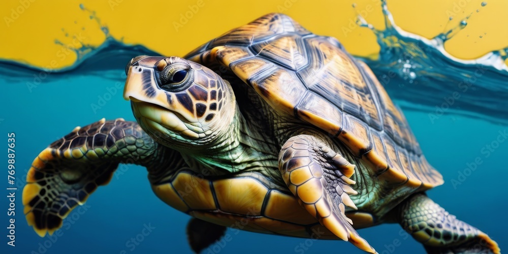   A close-up of a turtle in the water with a splash of water on its head