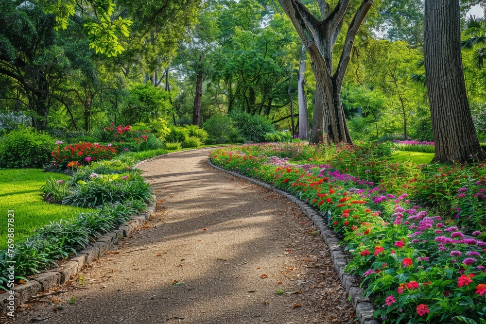 A pathway in a botanical park surrounded by colorful flower beds and towering trees