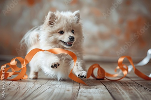 A playful image of a pet with a ribbon humorously presented as a gift