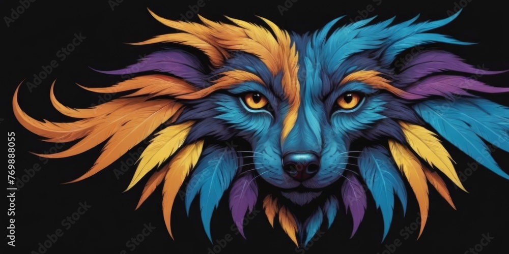 A vibrant wolf's visage adorned with blue, yellow, and orange plumage on its head against a black backdrop A vibrant wolf's visage adorned with blue, yellow, and orange plumage on its head against a black backdrop