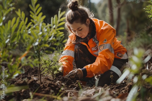 A woman in an orange and black jacket is digging in the dirt, planting native trees to restore wildlife corridors and support biodiversity conservation
