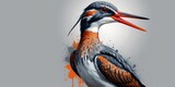   A bird, adorned with an elongated beak and vibrant orange-white stripes gracing its head and neck, painted meticulously