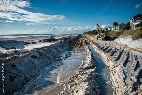 A road being constructed in sand dunes for coastal erosion control and stabilization of the area photo