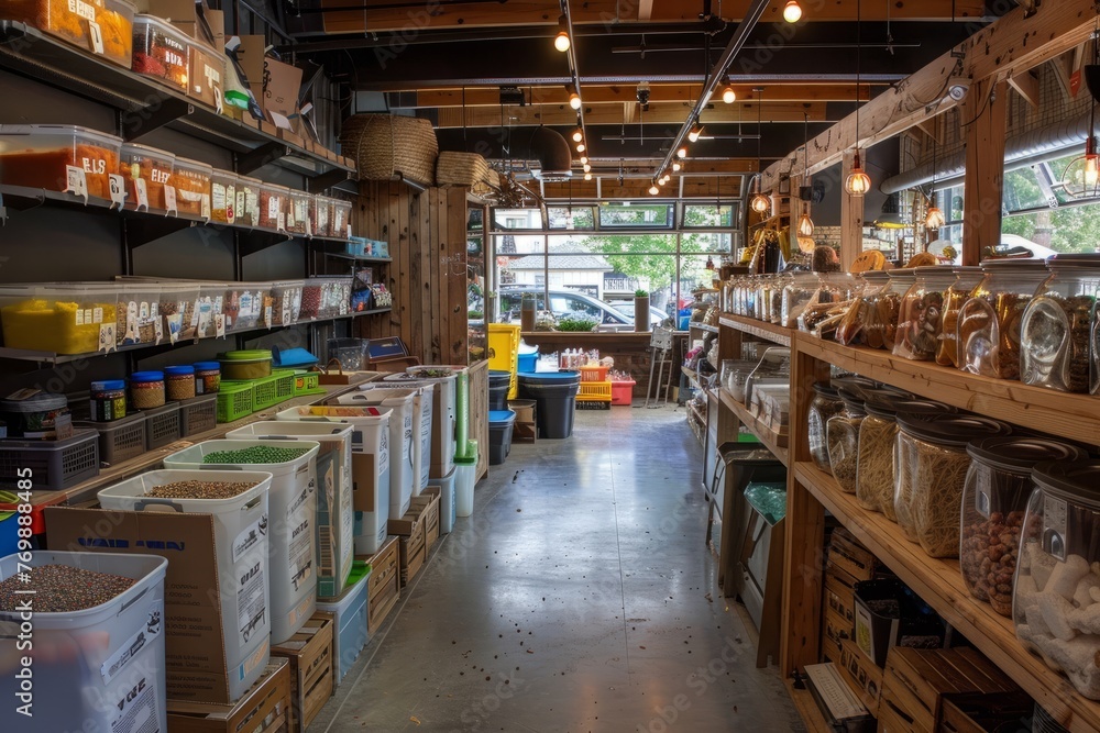 A commercial photo of a store filled with shelves stocked with bulk bins and reusable containers, promoting waste reduction and plastic-free shopping