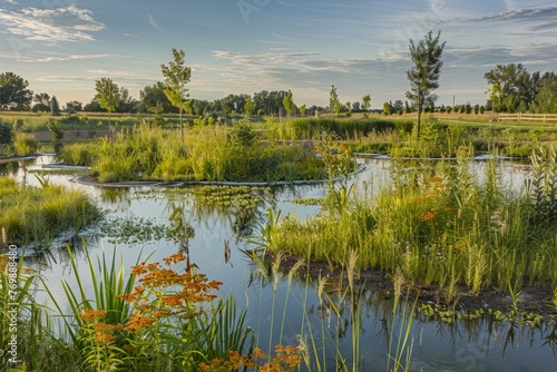 Wetland restoration project featuring a pond surrounded by tall grass and blooming flowers, showcasing native plants reintroduced to enhance biodiversity