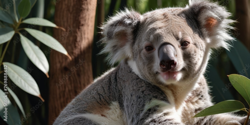 Fototapeta premium A koala resting high in a leaf-filled forest, surrounded by abundant greenery